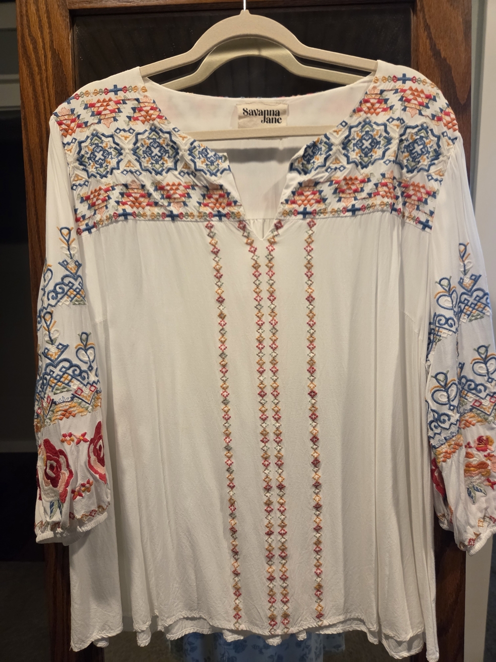 Plus Size Savanna Jane White Embroidered Boho Peasant Top